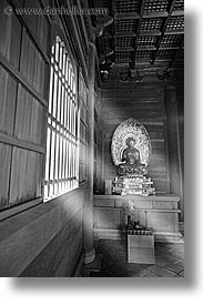 asia, beams, black and white, japan, koto in, kyoto, sun, temples, vertical, photograph