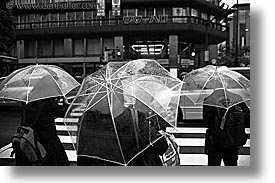 asia, black and white, clear, horizontal, japan, umbrellas, photograph