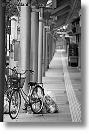 asia, bicycles, black and white, japan, parked, takayama, towns, vertical, photograph