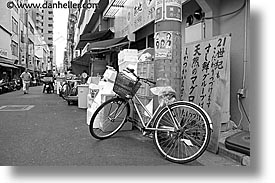 asia, bicycles, black and white, horizontal, japan, kanto, parked, streets, tokyo, photograph