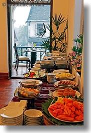 asia, buffet, buildings, foods, hotels, laos, luang prabang, open, structures, vertical, windows, photograph