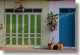 asia, buildings, doors, green, horizontal, laos, luang prabang, plants, white, photograph