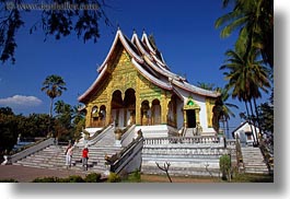 asia, buildings, haw kham, horizontal, laos, luang prabang, nature, palace, palm trees, plants, temples, trees, photograph