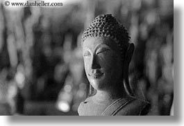 asia, black and white, buddhas, buildings, cave temple, caves, figurines, horizontal, laos, luang prabang, temples, photograph
