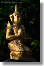 asia, buddhas, buddhist, buildings, golden, laos, luang prabang, phou si mountain, religious, statues, temples, vertical, photograph