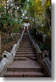 asia, buildings, huts, laos, luang prabang, phou si mountain, stairs, temples, vertical, photograph