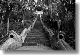 asia, black and white, buildings, horizontal, huts, laos, luang prabang, phou si mountain, stairs, temples, photograph