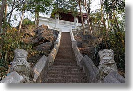 asia, buildings, horizontal, huts, laos, luang prabang, phou si mountain, stairs, temples, photograph