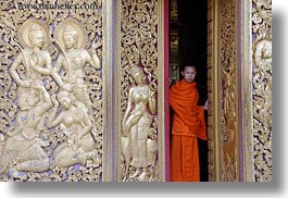 apsara, asia, buddhist, buildings, doors, golden, horizontal, laos, luang prabang, monks, people, religious, temples, womens, xiethong, photograph