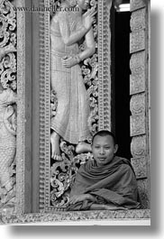 apsara, asia, black and white, buddhist, buildings, golden, laos, luang prabang, monks, people, religious, temples, vertical, windows, womens, xiethong, photograph