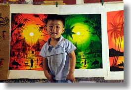 arts, asia, boys, childrens, horizontal, laos, luang prabang, market, paintings, people, photograph