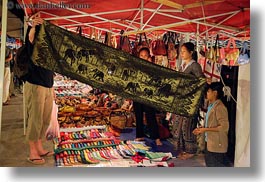 arts, asia, bazaar, elephants, horizontal, laos, luang prabang, market, tapestry, photograph
