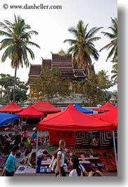 asia, bazaar, laos, luang prabang, market, nature, palm trees, plants, structures, temples, tents, trees, vertical, photograph