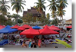 asia, bazaar, horizontal, laos, luang prabang, market, nature, palm trees, plants, structures, temples, tents, trees, photograph