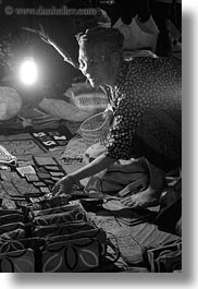 asia, black and white, crafts, laos, luang prabang, market, old, people, selling, senior citizen, vertical, womens, photograph