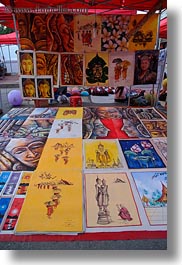 arts, asia, laos, luang prabang, market, paintings, vertical, photograph