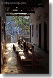 asia, benches, laos, luang prabang, sunlight, vertical, photograph