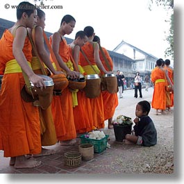 asia, asian, beggar, boys, childrens, colors, laos, luang prabang, men, monks, oranges, people, procession, square format, photograph