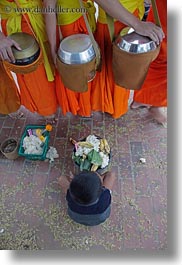 asia, asian, beggar, boys, childrens, colors, downview, laos, luang prabang, men, monks, oranges, people, perspective, procession, vertical, photograph