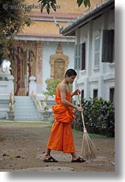 asia, asian, colors, laos, luang prabang, men, monks, oranges, people, singles, sweeping, vertical, photograph