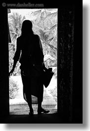 asia, black and white, doors, laos, luang prabang, people, silhouettes, vertical, womens, photograph