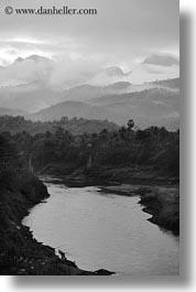asia, black and white, dawn, fog, laos, luang prabang, nam khan, rivers, scenics, vertical, photograph