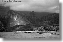 asia, black and white, fishermen, horizontal, laos, luang prabang, nam khan, rivers, scenics, photograph
