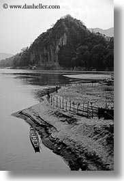 asia, black and white, boats, laos, luang prabang, mountains, rivers, round, scenics, tops, vertical, photograph