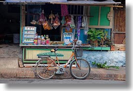 asia, bicycles, bikes, horizontal, laos, luang prabang, stores, streets, transportation, photograph