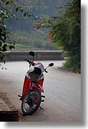 alone, asia, bikes, laos, luang prabang, motorcycles, red, streets, transportation, vertical, photograph