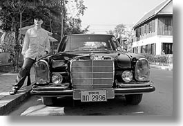 asia, benz, black, black and white, cambodian, cars, horizontal, language, laos, luang prabang, men, mercedes, transportation, photograph