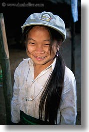 asia, asian, baseball, cap, emotions, girls, hmong, laos, people, poverty, smiles, vertical, villages, photograph