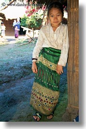 asia, asian, dresses, emotions, girls, green, hmong, laos, people, poverty, smiles, vertical, villages, white, photograph