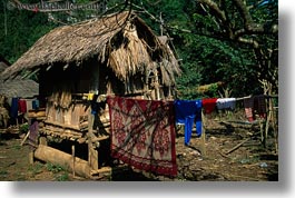 asia, hmong, horizontal, laos, laundry, poverty, roofs, thatched, villages, photograph