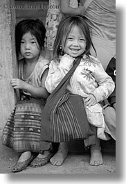 asia, asian, black, black and white, browns, girls, haired, hmong, laos, people, vertical, villages, photograph