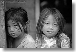 asia, asian, black, black and white, browns, girls, haired, hmong, horizontal, laos, people, villages, photograph