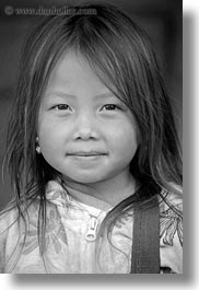 asia, asian, black and white, browns, girls, haired, hmong, laos, people, vertical, villages, photograph