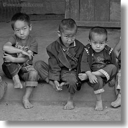 asia, asian, black and white, boys, hmong, laos, people, square format, threes, villages, photograph