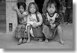 asia, asian, black and white, girls, hmong, horizontal, laos, people, threes, villages, photograph