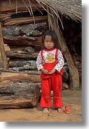 asia, asian, childrens, girls, hmong, huts, laos, people, red, vertical, villages, woods, photograph