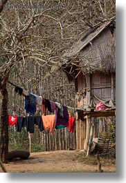 asia, hangings, hmong, huts, laos, laundry, thatched, vertical, villages, photograph