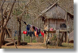 asia, hangings, hmong, horizontal, huts, laos, laundry, thatched, villages, photograph