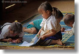 asia, buildings, class, classroom, girls, hmong, horizontal, laos, school, structures, villages, working, photograph
