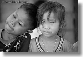 asia, asian, black and white, boys, girls, horizontal, laos, people, river village, villages, photograph