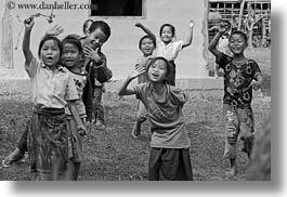 asia, asian, black and white, childrens, emotions, horizontal, laos, laugh, people, river village, running, smiles, villages, waving, photograph