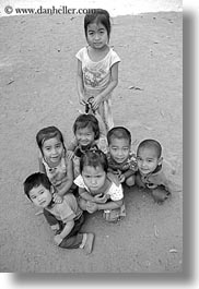 asia, asian, black and white, childrens, downview, laos, people, river village, vertical, villages, photograph
