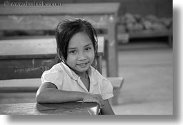asia, asian, black and white, desks, emotions, girls, horizontal, laos, people, river village, school, smiles, villages, photograph
