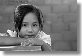 asia, asian, black and white, desks, girls, horizontal, laos, people, river village, school, villages, photograph