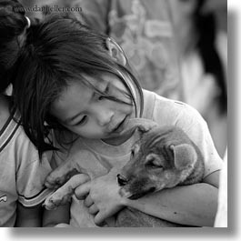 asia, asian, black and white, girls, laos, people, puppies, river village, square format, villages, photograph