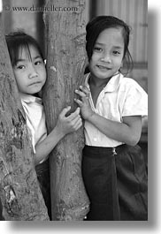 asia, asian, black and white, emotions, girls, laos, people, river village, smiles, trees, vertical, villages, photograph